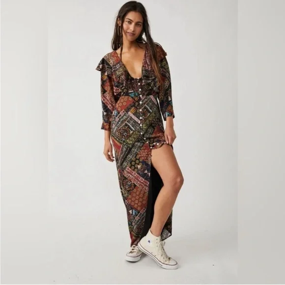 NWT Free People Lennon Patchwork Printed Ruffle Collar Boho Maxi Dress Size XL